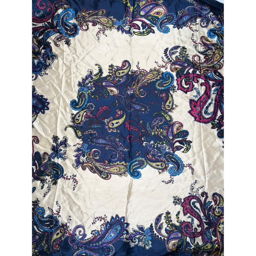 Zhen Qing Navy Blue Cream Paisley Square Scarf 35x35 Satin Feel Polyester